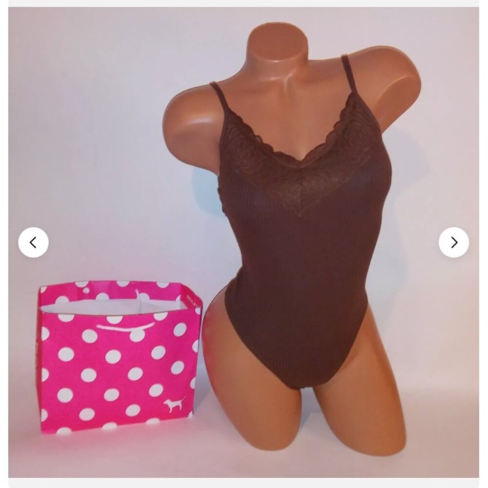 Victoria's Secret PINK Women's Brown Bodysuit with Lace Size Medium